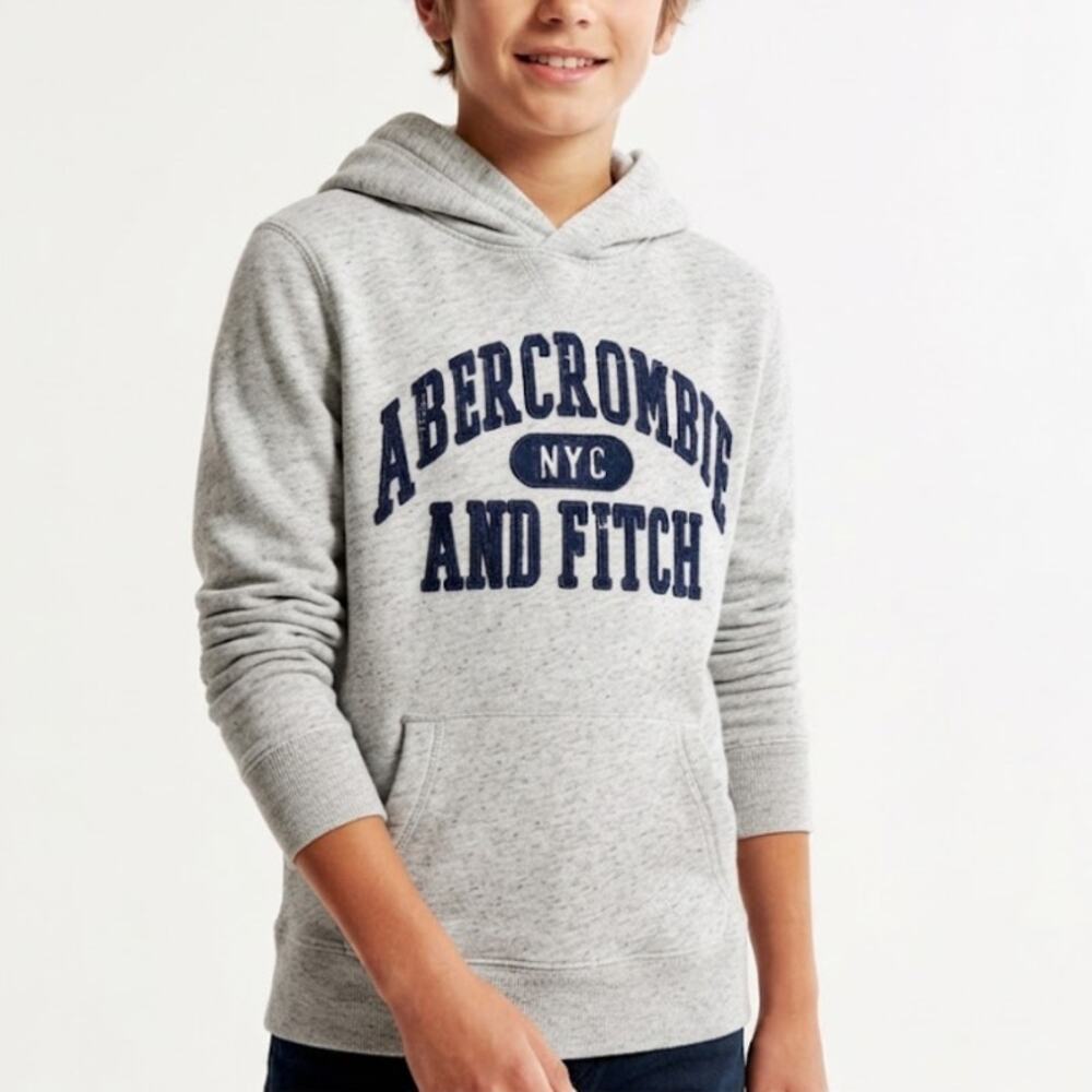 ABERCROMBIE & FITCH Logo Popover Hoodie Relaxed Fit Grey Heather Kids Size 13/14